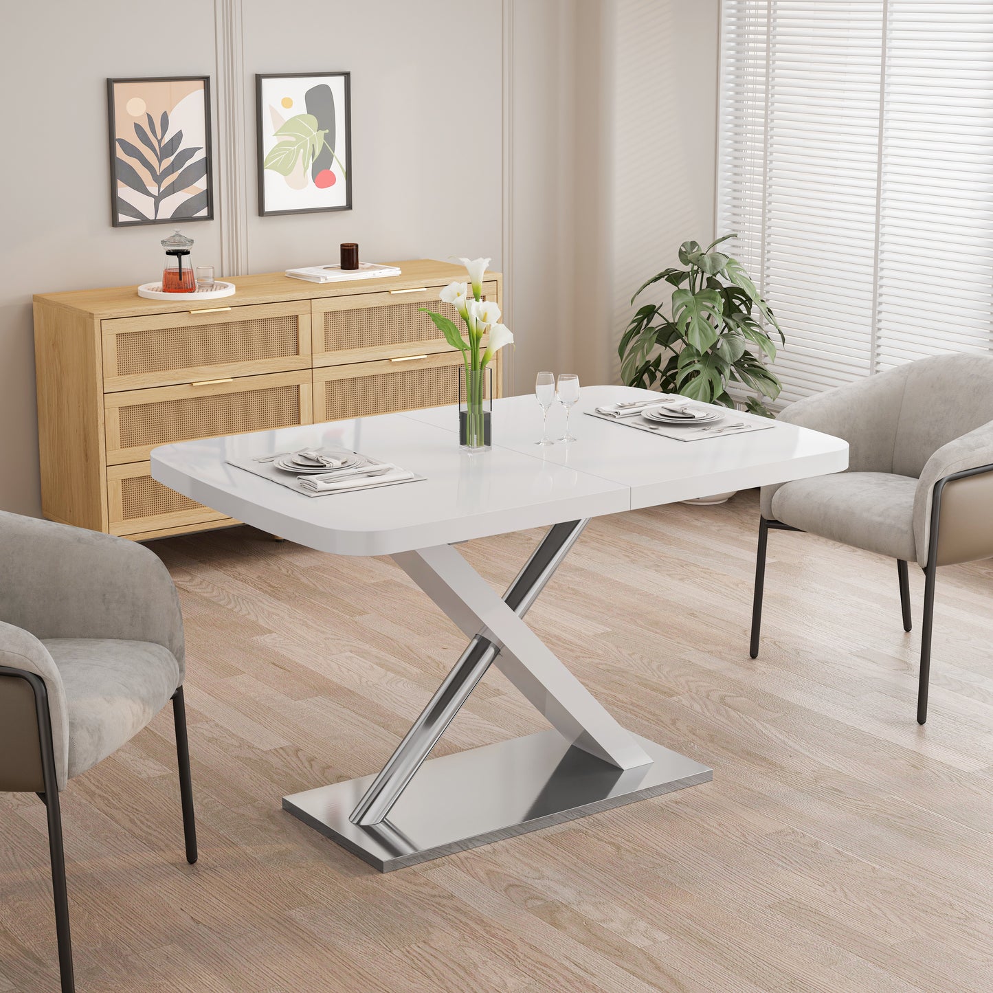 47.25''-63'' Modern White Glossy Dining Table for 4-6 People, Extendable Dining Table with Crossed Metal Base and Stainl