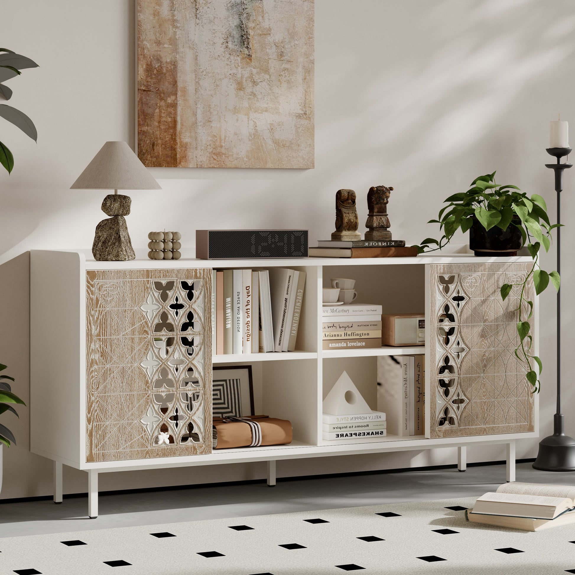 Sicotas Mid Century Sideboard Storage Rustic Sliding Door Solid Wood Cabinet for Living Room Decorative TV Buffet and St