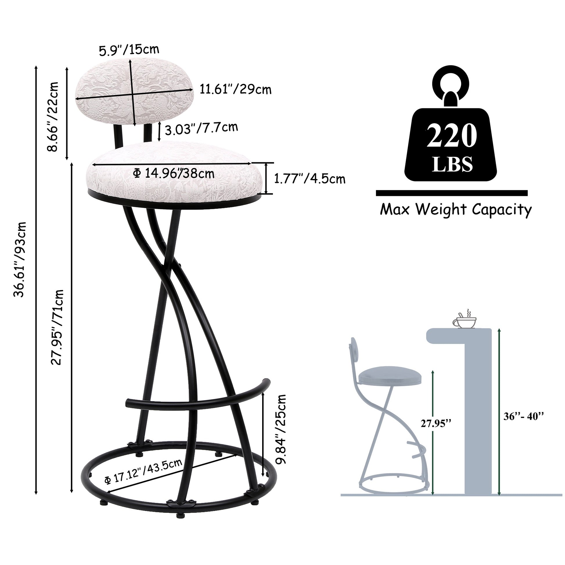 Round Print Bar Stools Set of 2 Black Metal Upholstered Chairs for Kitchen Island & Dining Rooms Counter Stools (Black &