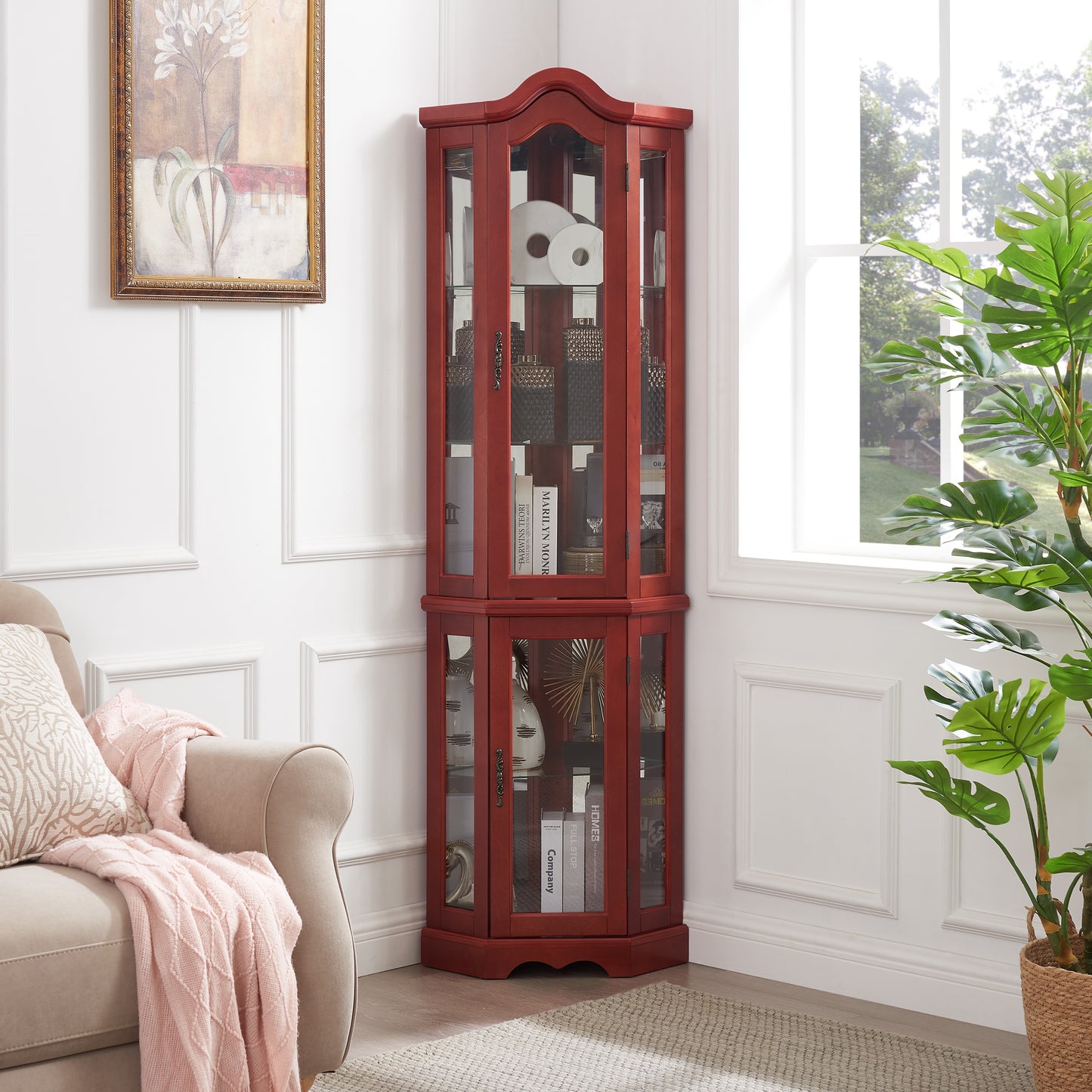 Lighted Corner Curio Cabinet with Tempered Glass Doors & Shelves - Elegant Cherry Display Case with Bulb for Living Room