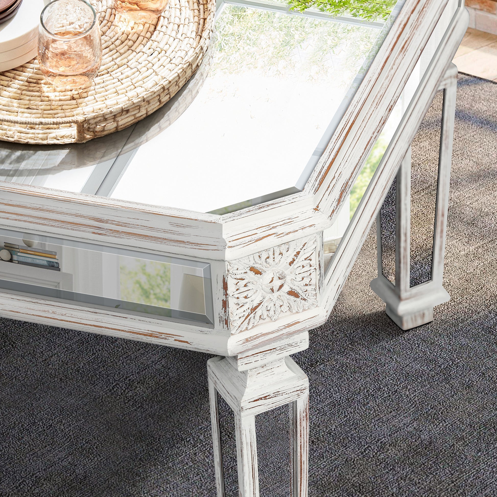 Silver Mirrored Coffee Table, Vintage Carved Elements, Rectangle Glass Tea Table with Mirrored Finish, Modern Center Tab