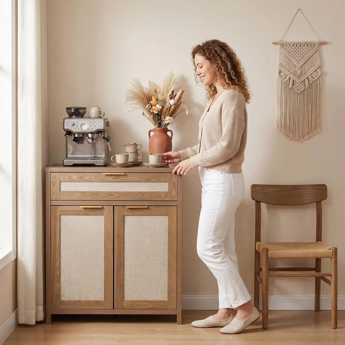 Rattan Sideboard Buffet — Natural Oak & Woven Cane