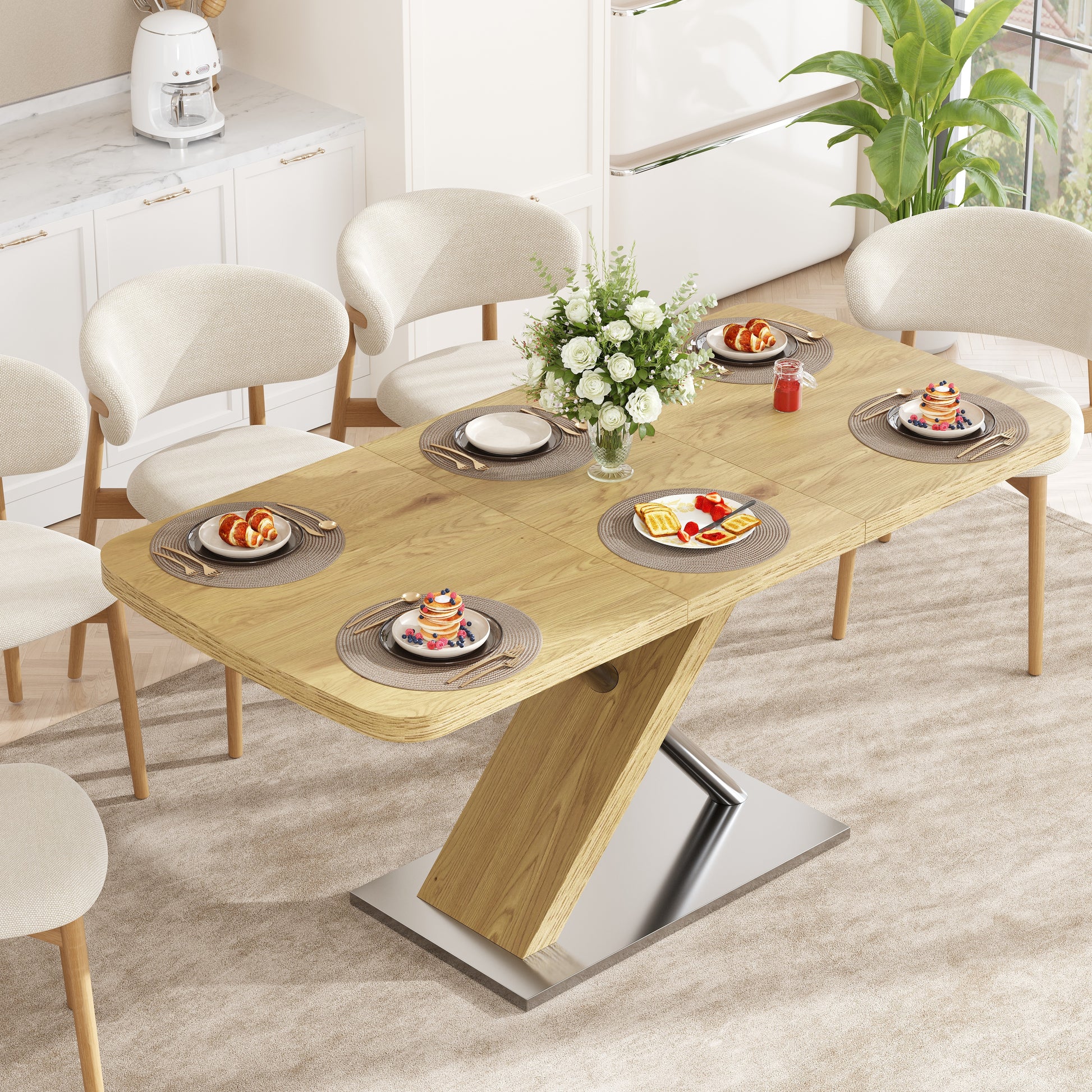 47.25 "-63" Dining Table, Original Wood Color, Seating 4-6 People, Retractable Table, Cross Metal Base and Stainless Ste