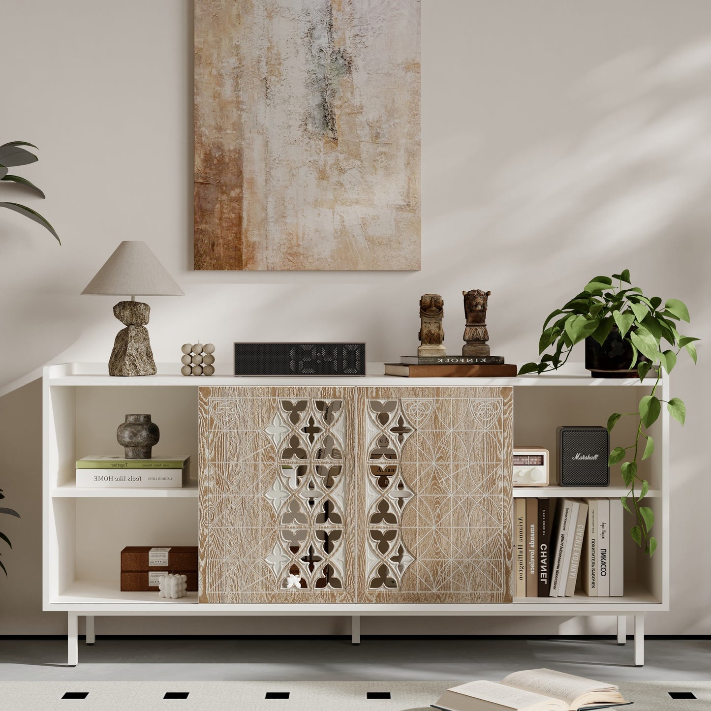 Sicotas Mid Century Sideboard Storage Rustic Sliding Door Solid Wood Cabinet for Living Room Decorative TV Buffet and St