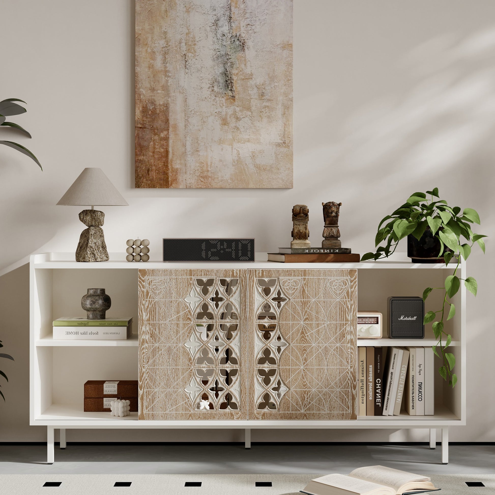 Sicotas Mid Century Sideboard Storage Rustic Sliding Door Solid Wood Cabinet for Living Room Decorative TV Buffet and St