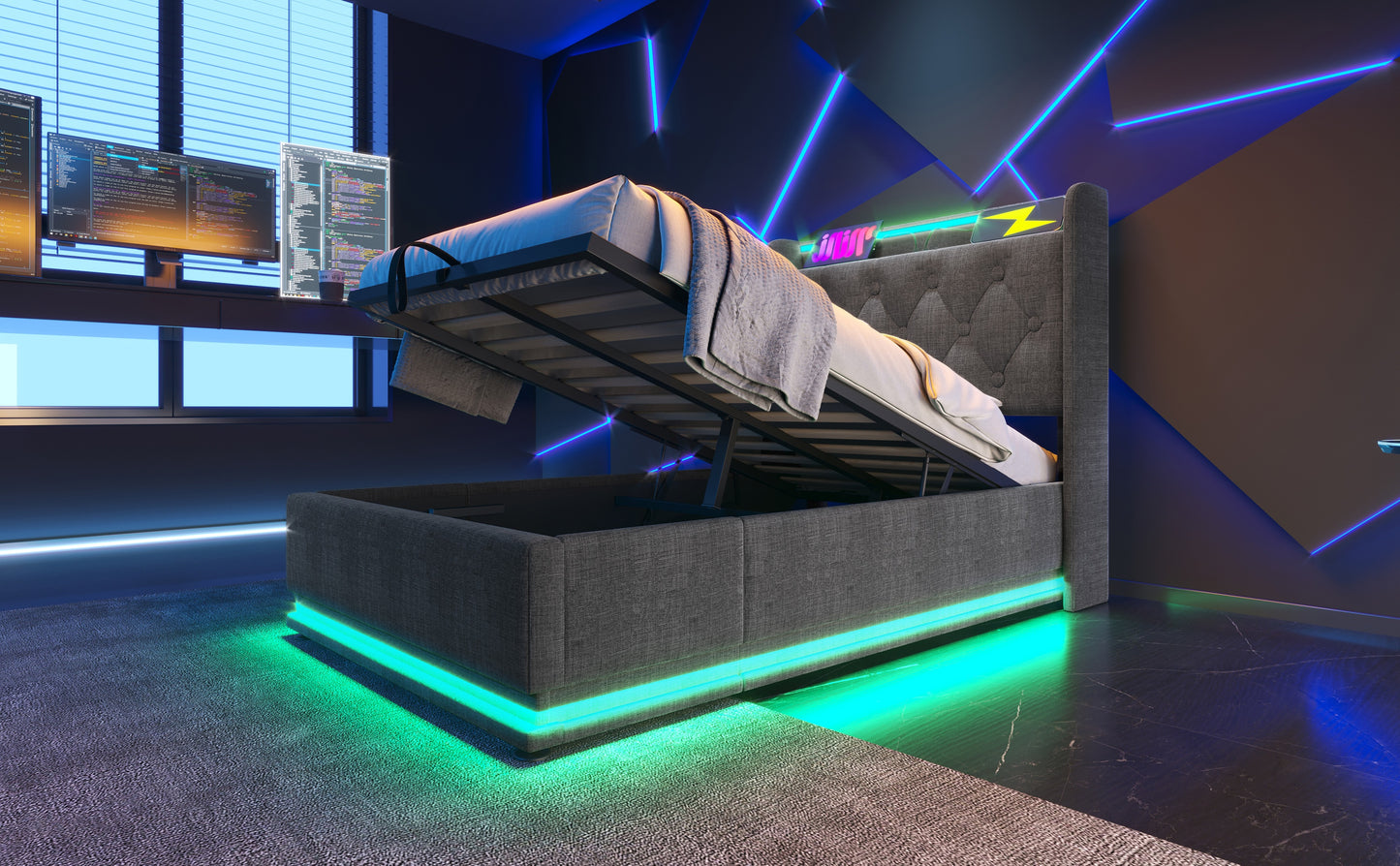 Twin size Upholstered bed, 360 surround LED function, Buttons/Apps/Remote Control, hydraulic storage bed with USB Type-C