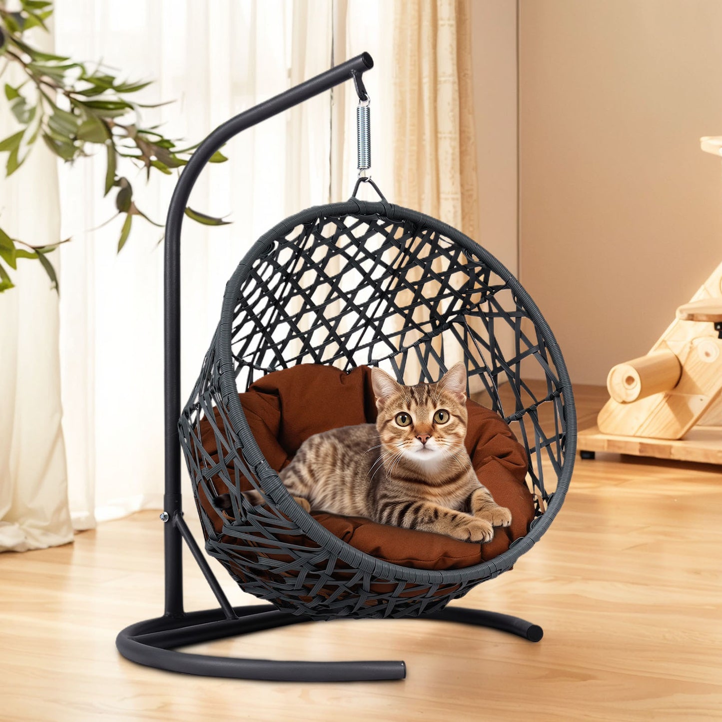 Cat Swing Bed with Stand & Cushion, Cat Egg Chair with Rattan Wicker Appearance, Indoor Hanging Swinging Cat Bed for Cats, Small Dogs, and Small Animals,Brown - W2500P283885