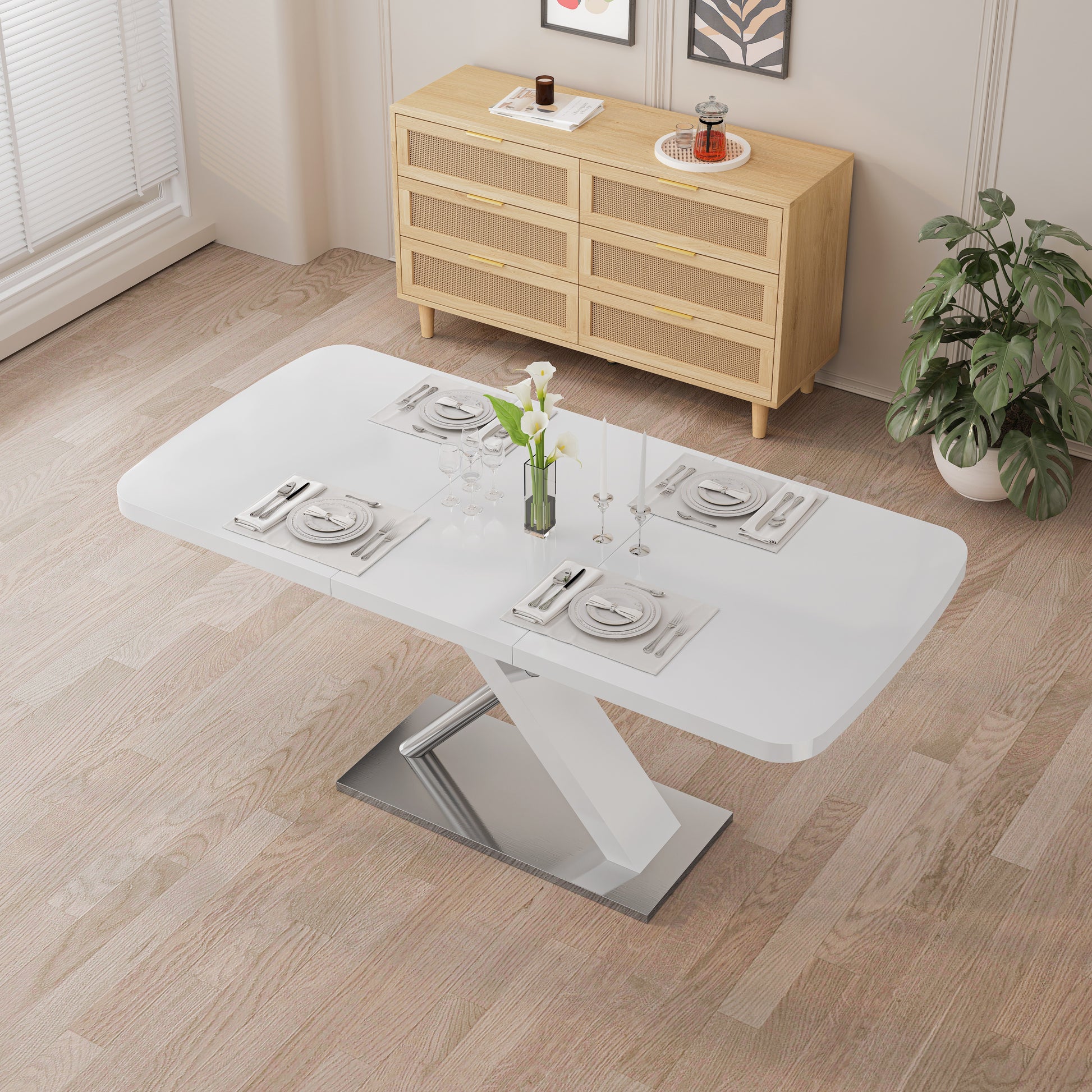 47.25''-63'' Modern White Glossy Dining Table for 4-6 People, Extendable Dining Table with Crossed Metal Base and Stainl