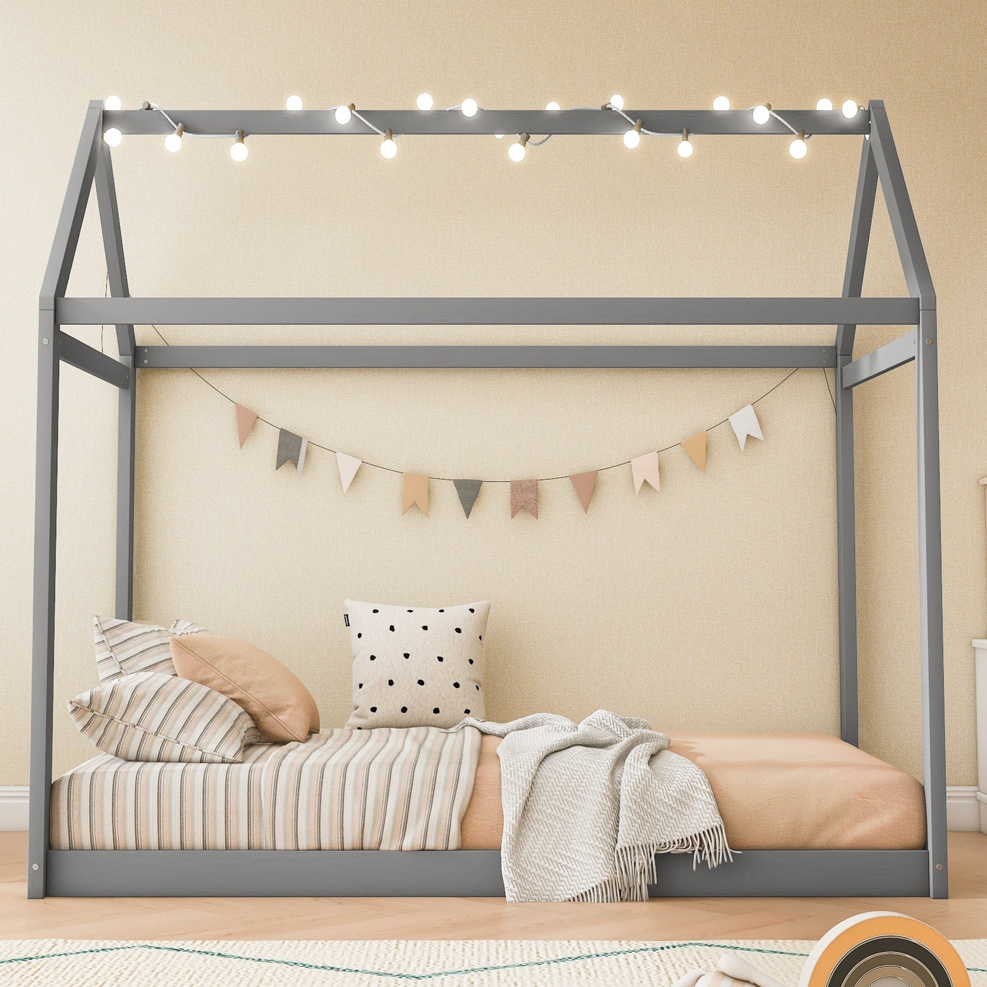 Twin Size Wooden House Bed, Gray