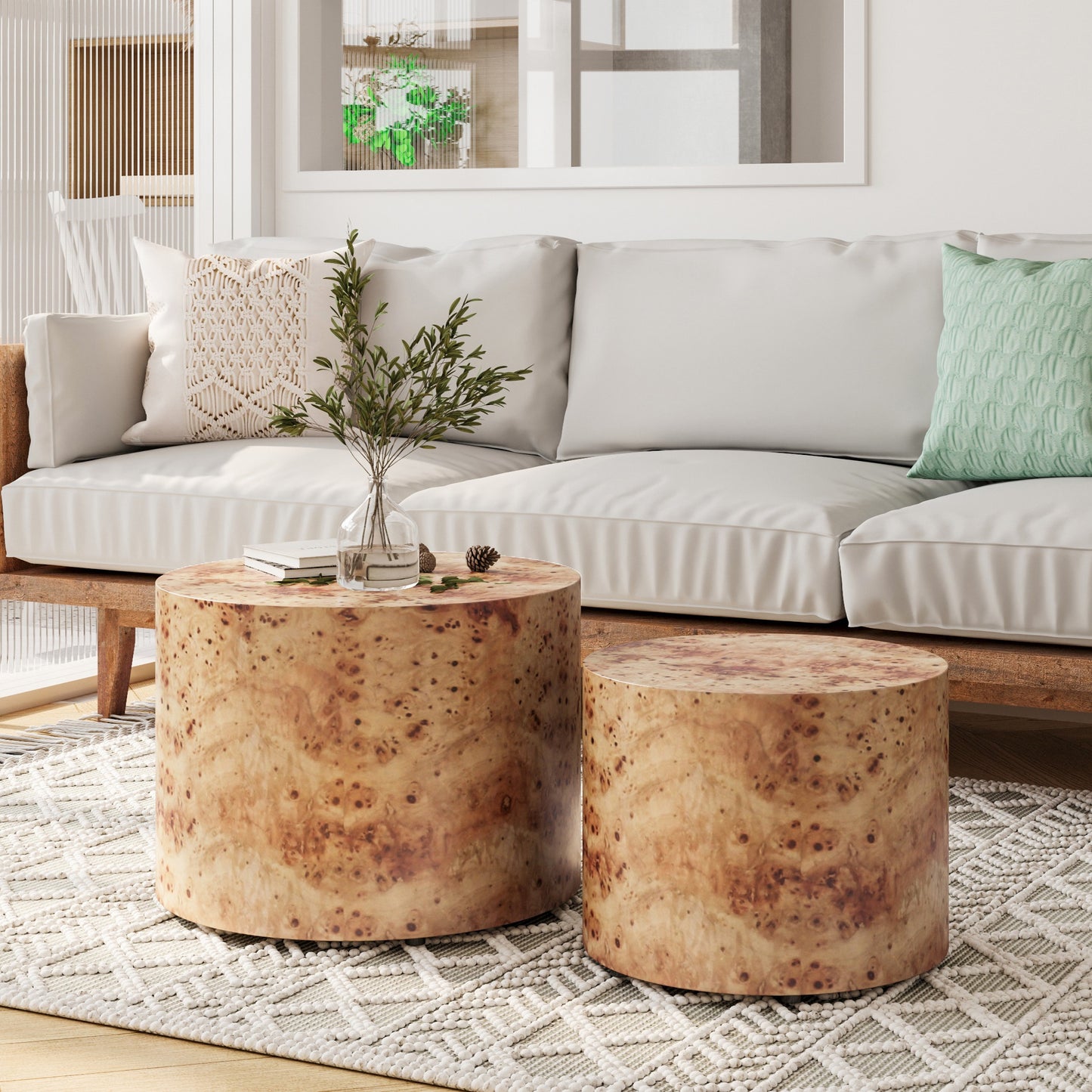 Nesting Coffee Table Set of 2, Modern Round Coffee Table, Wooden Circle Accent Tables for Small Spaces Living Room Bedro