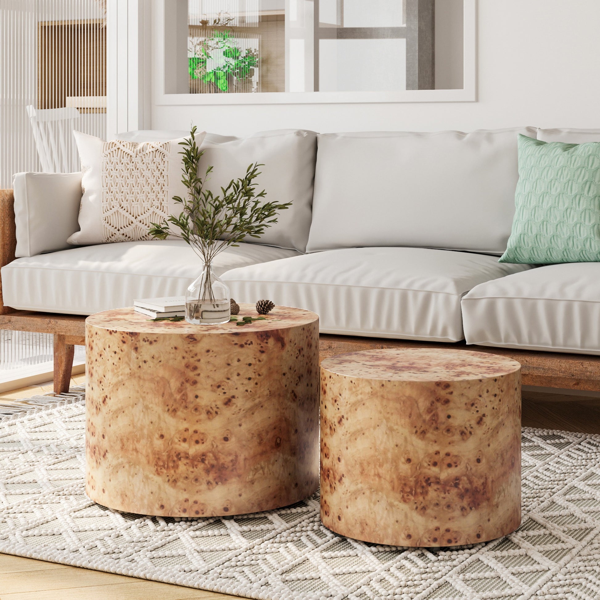 Nesting Coffee Table Set of 2, Modern Round Coffee Table, Wooden Circle Accent Tables for Small Spaces Living Room Bedro