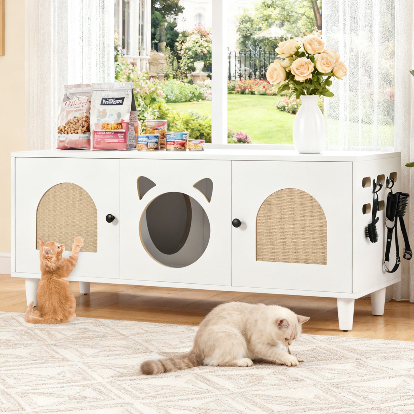 Modern Wood Cat Cabinet with Sisal Cat Scratcher, Cat Litter Box Enclosure with Storage, Cream white Side Table - N843P252373C