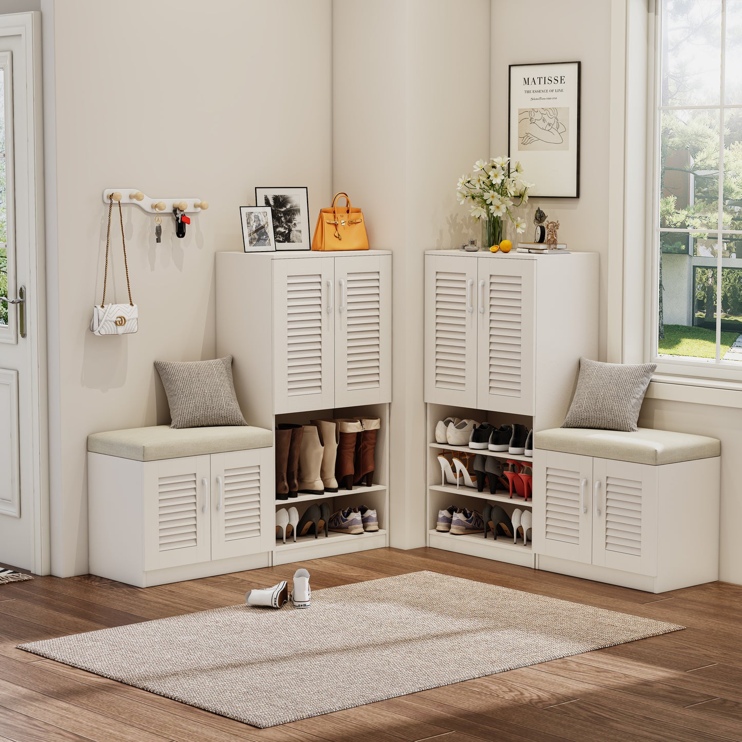 Multi functional Shoe Storage Cabinet with Bench & 7+3 Storage compartment, Adjustable layer board
, Shoe Bench with Cushion for Entryway,  Freestanding Shoe Rack for Entryway, Mudroom, Hallway,white - W2948P245229