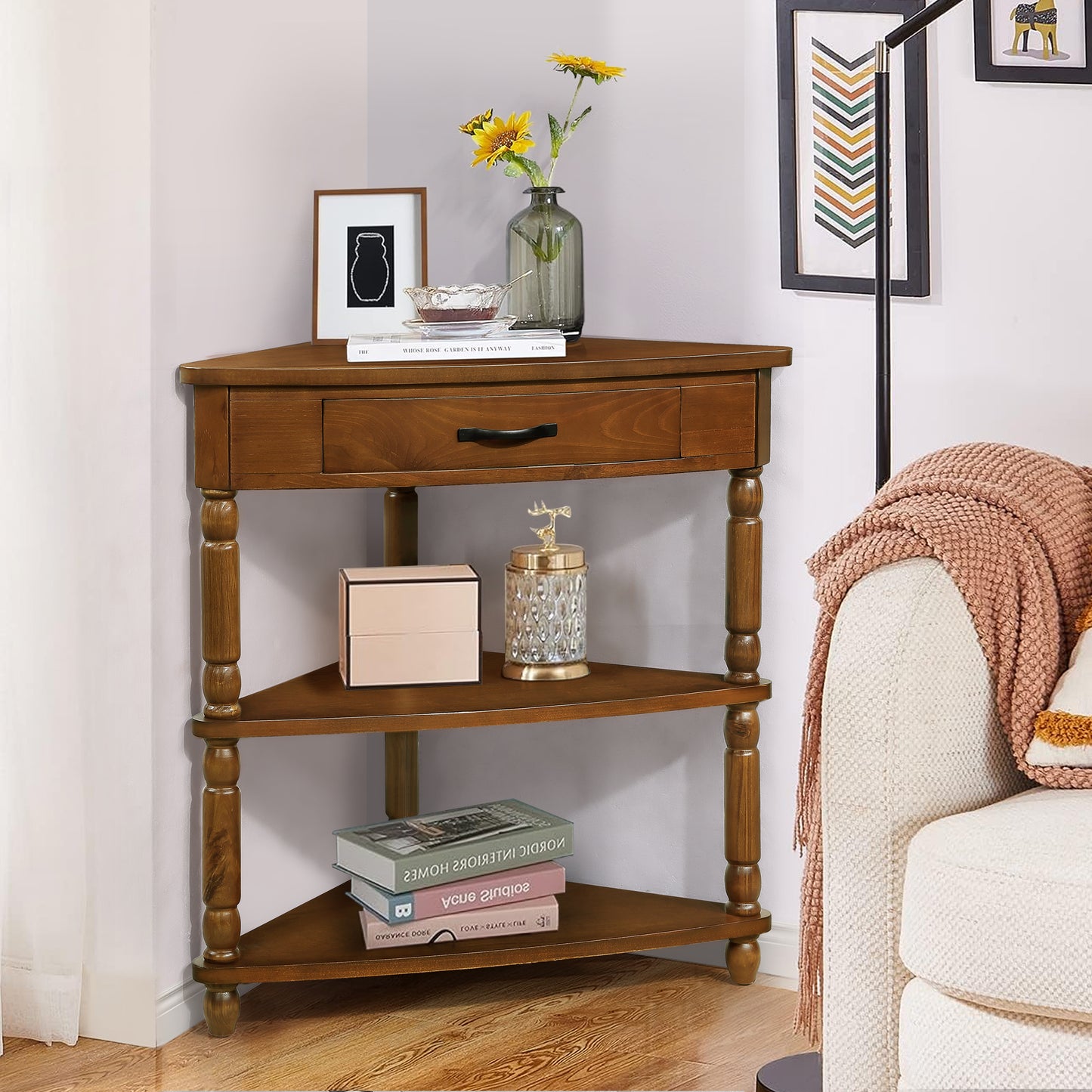 33.8'' Small Triangle Corner Table, Wood Corner Side Table for Small Spaces/ Living Room, 3 Tier End Corner Table with Solid Wood Legs, Brown - W1202P199465