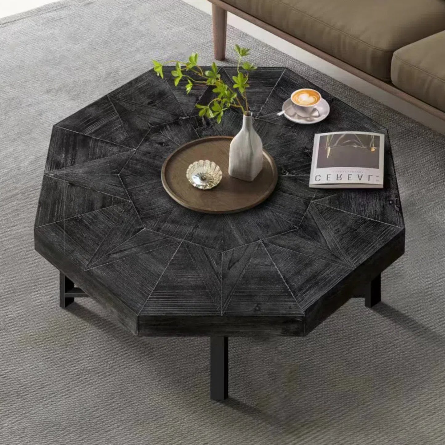 Wood Octagonal Vintage Patchwork Craft Farmhouse 30 Inch Wooden Table Top  Cross Metal Legs Coffee Table for Living Room(Antique Black) - W1445P193123