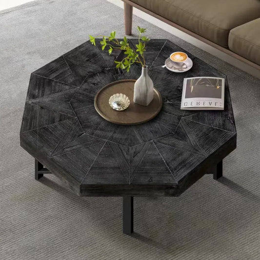 Wood Octagonal Vintage Patchwork Craft Farmhouse 30 Inch Wooden Table Top  Cross Metal Legs Coffee Table for Living Room(Antique Black) - W1445P193123