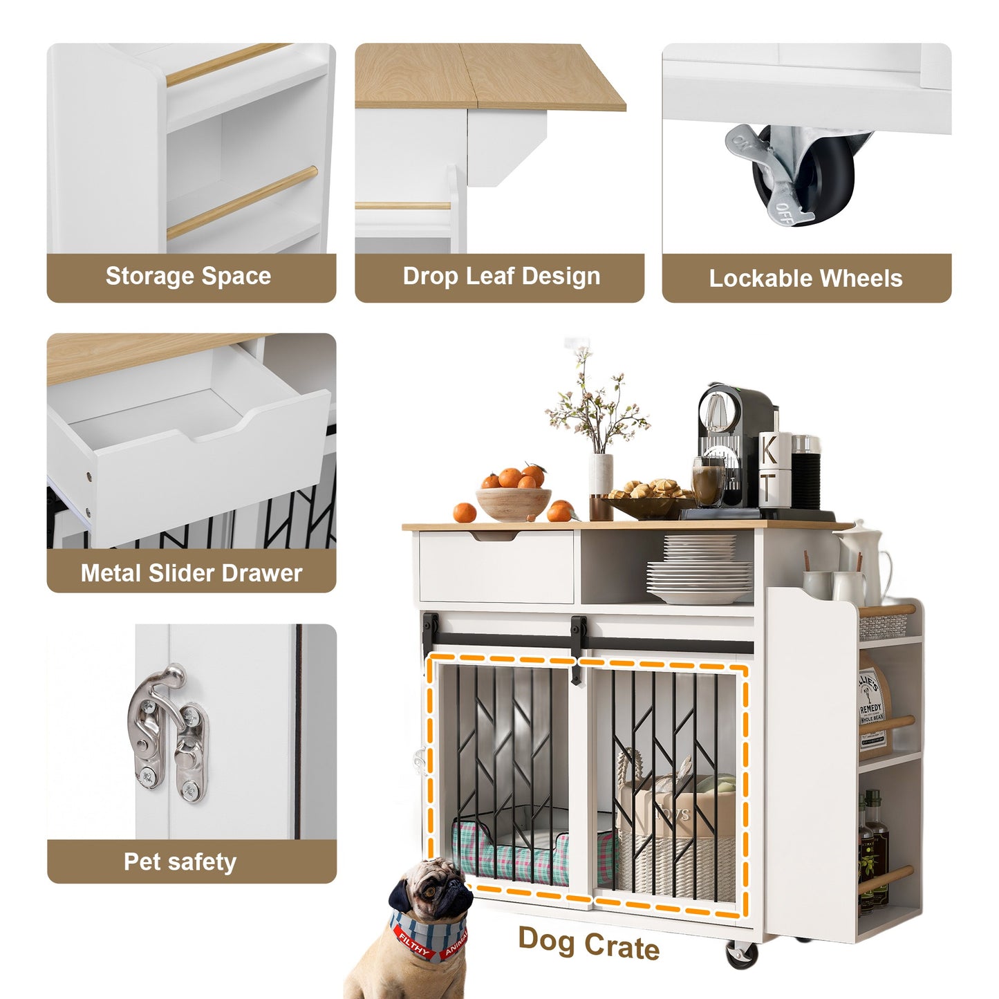 2 IN 1 Modern Dog Crate Kitchen Island With Storage for Small-sized Dogs up to 40lbs, 33.8" L, Cream White Dog Furniture
