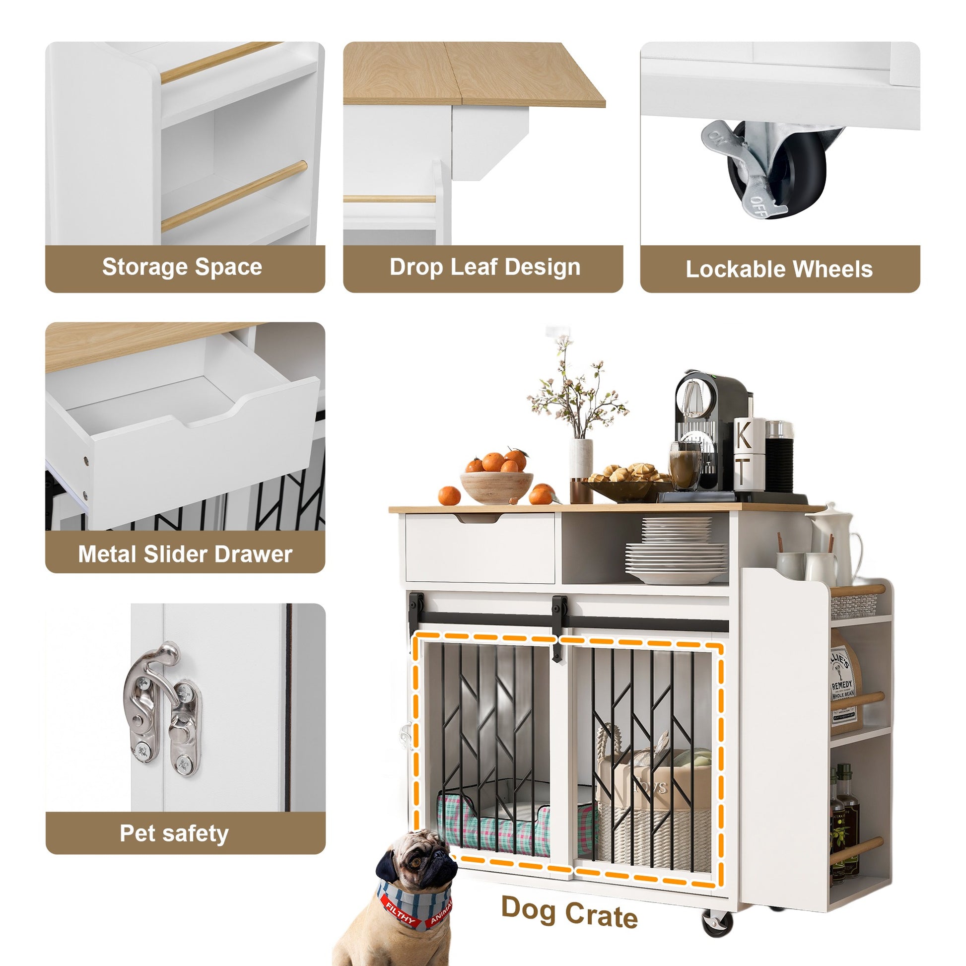 2 IN 1 Modern Dog Crate Kitchen Island With Storage for Small-sized Dogs up to 40lbs, 33.8" L, Cream White Dog Furniture