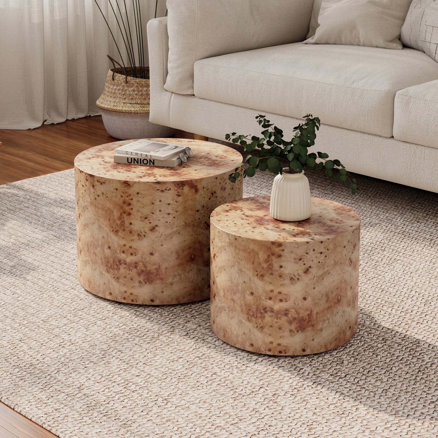 Nesting Coffee Table Set of 2, Modern Round Coffee Table, Wooden Circle Accent Tables for Small Spaces Living Room Bedroom Balcony Office Drum Side Table, Natural Burl - W1435P254287