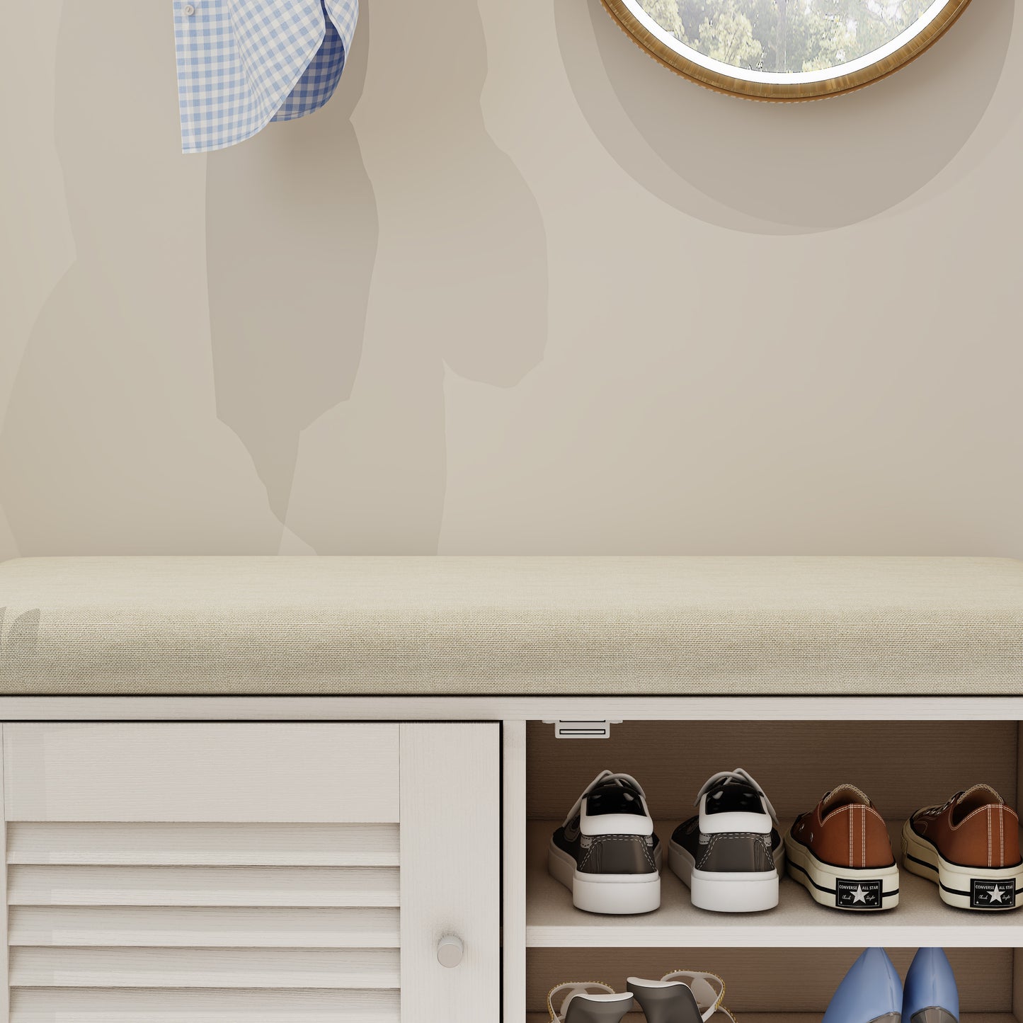 28.74"Shoe Storage Bench with 2 Door Cabinet, Entryway Bench with  White Shoe Storage, Shoe Bench with Cushion, Adjustab