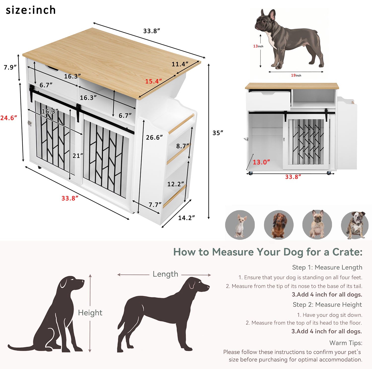 2 IN 1 Modern Dog Crate Kitchen Island With Storage for Small-sized Dogs up to 40lbs, 33.8" L, Cream White Dog Furniture