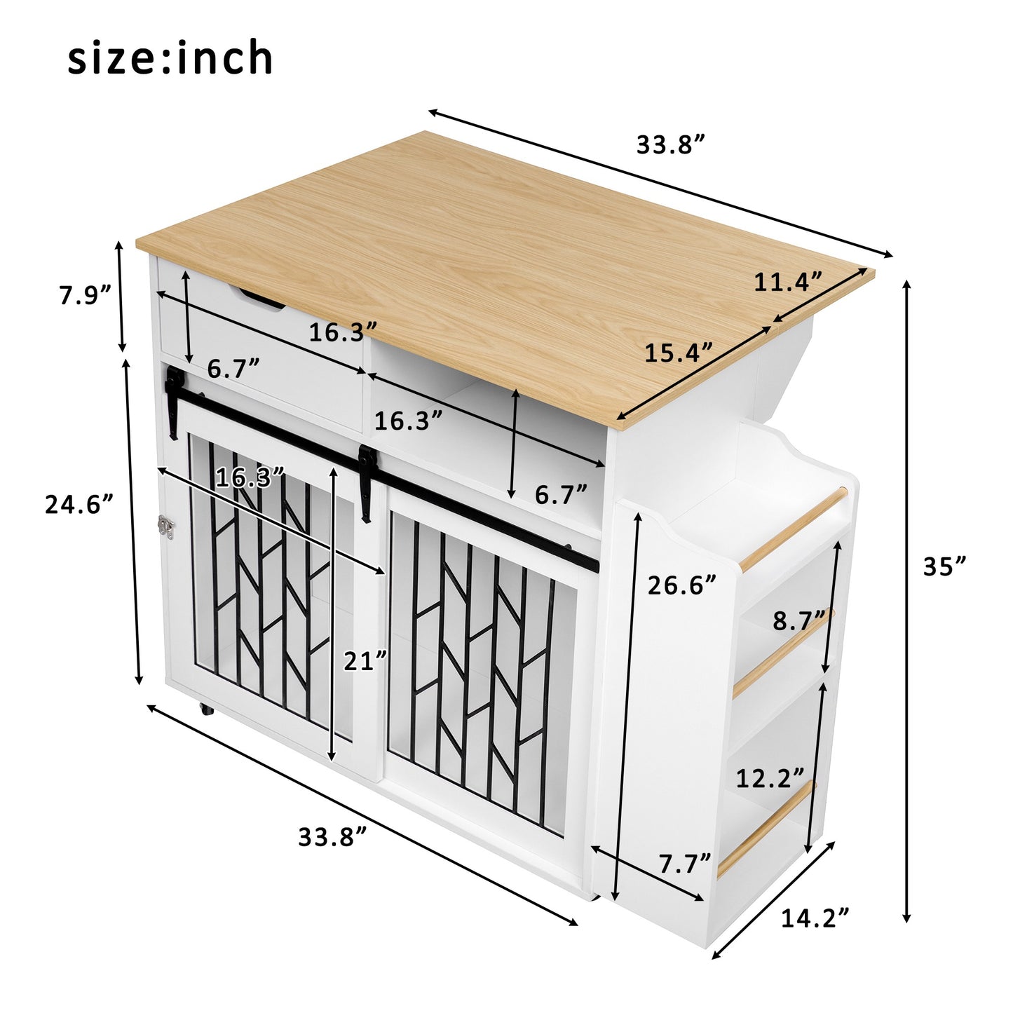 2 IN 1 Modern Dog Crate Kitchen Island With Storage for Small-sized Dogs up to 40lbs, 33.8" L, Cream White Dog Furniture