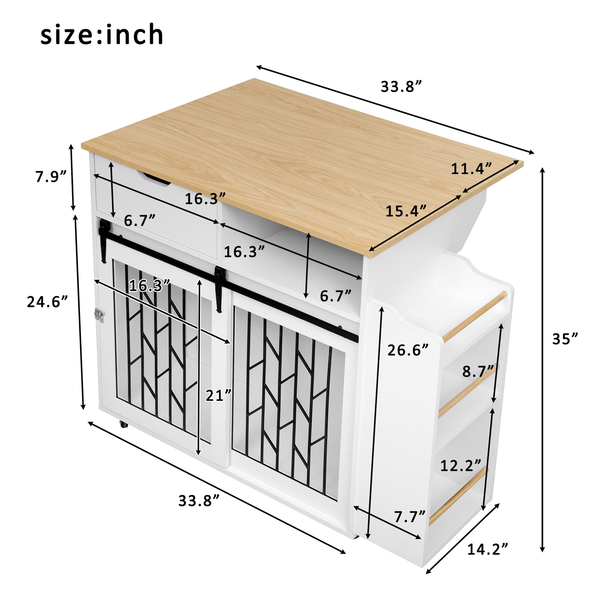 2 IN 1 Modern Dog Crate Kitchen Island With Storage for Small-sized Dogs up to 40lbs, 33.8" L, Cream White Dog Furniture