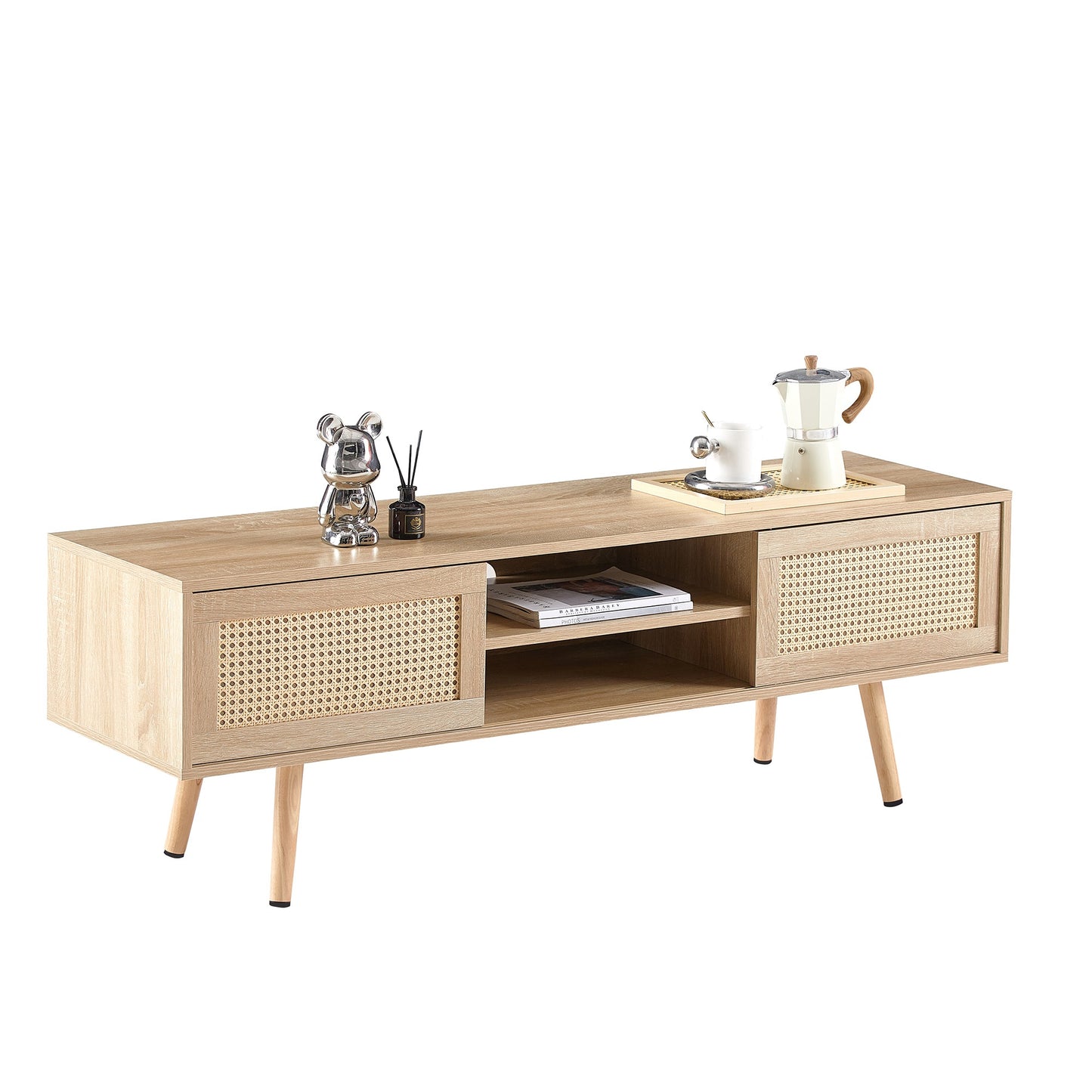 55" Rattan Media Console — Oak with Cane Doors