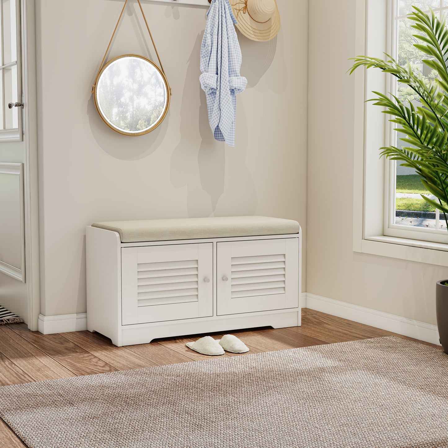 28.74"Shoe Storage Bench with 2 Door Cabinet, Entryway Bench with  White Shoe Storage, Shoe Bench with Cushion, Adjustab