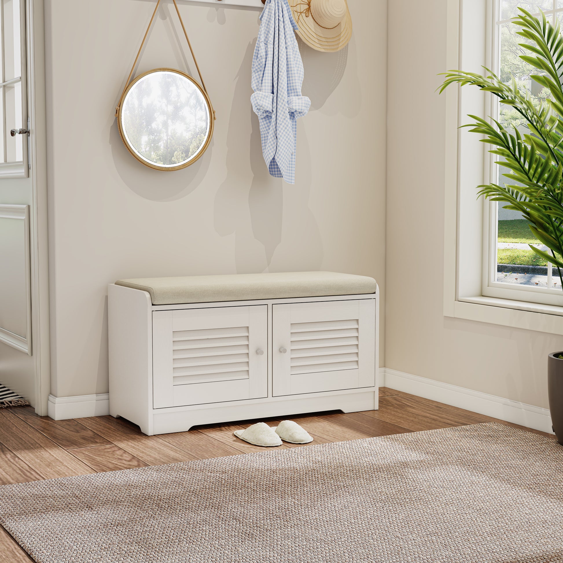 28.74"Shoe Storage Bench with 2 Door Cabinet, Entryway Bench with  White Shoe Storage, Shoe Bench with Cushion, Adjustab