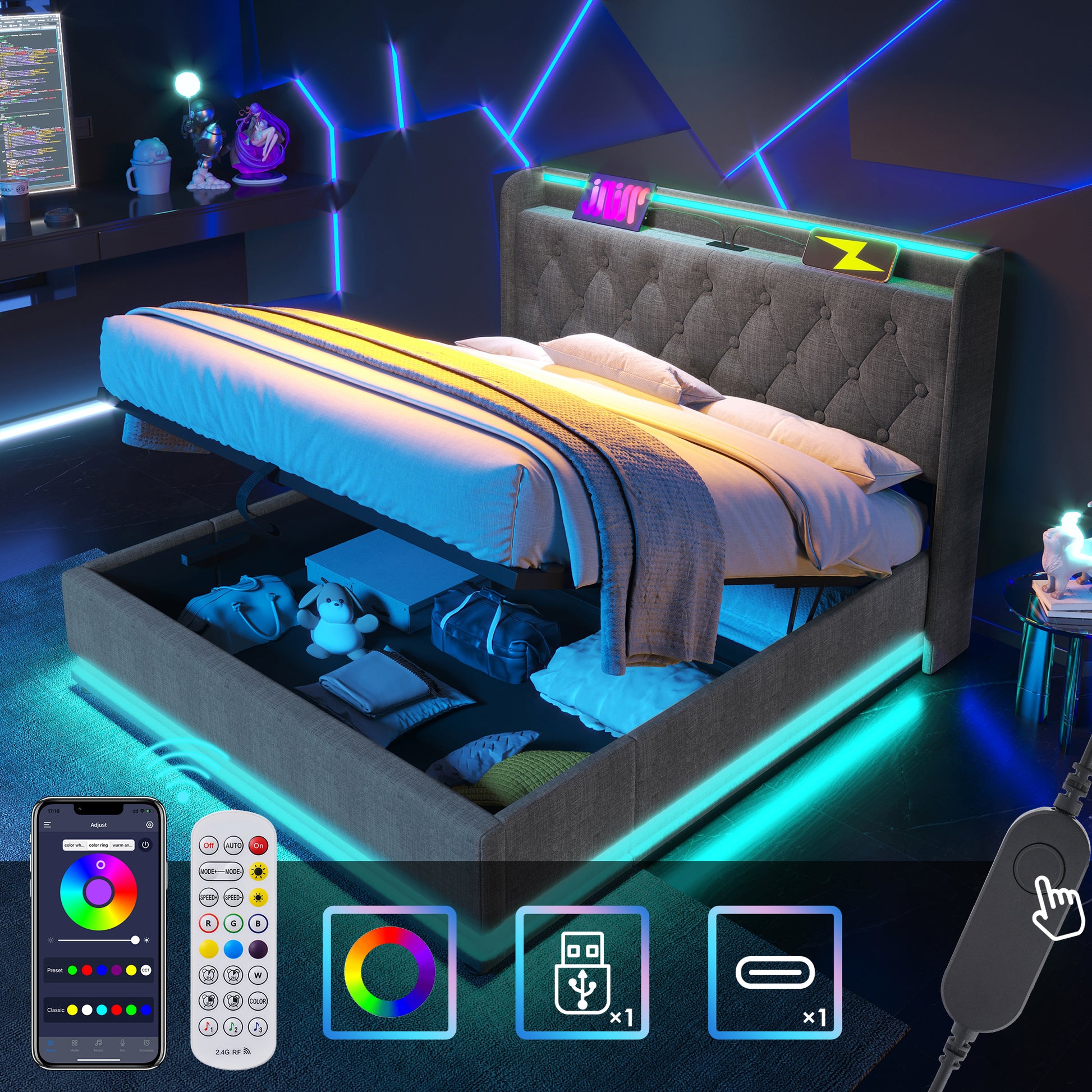 Queen size Upholstered bed, 360 surround LED function, Buttons/Apps/Remote Control, hydraulic storage bed with USB Type-C charging, Gray, Linen (Without mattress) - N736P188807G