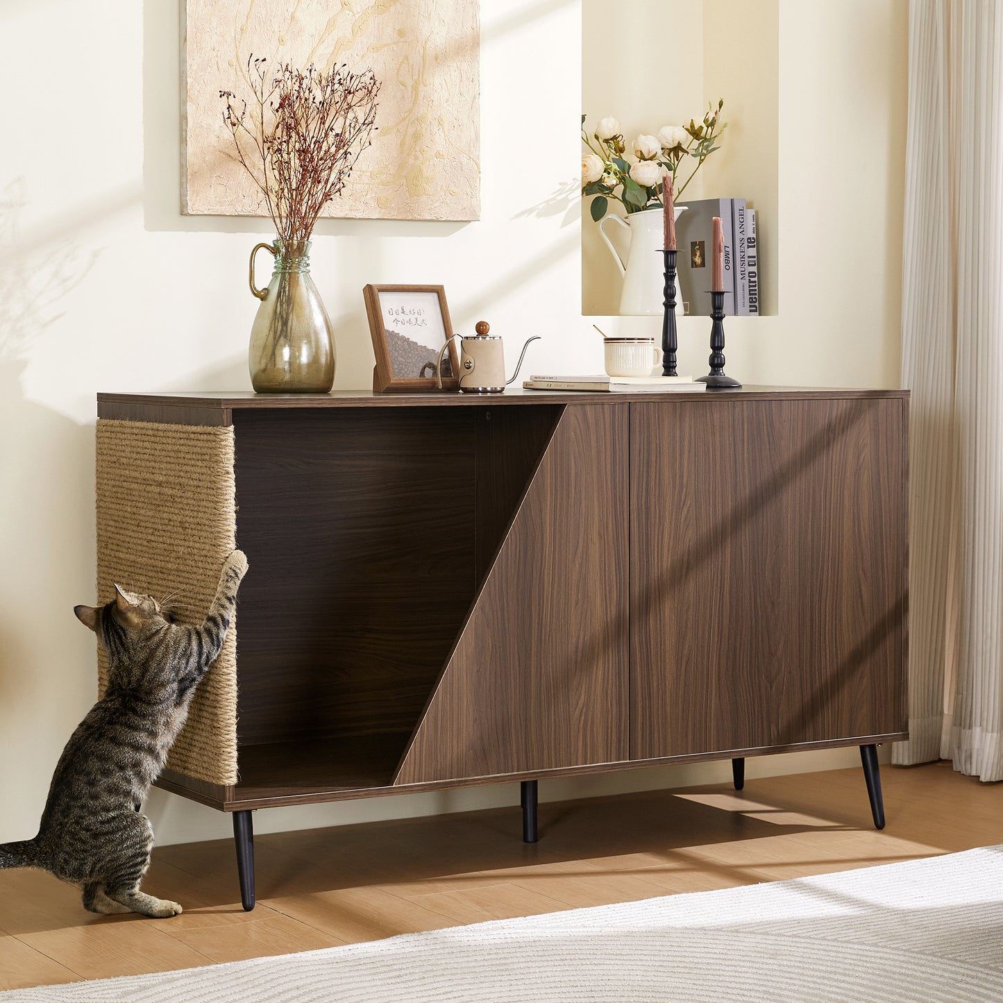 Cat Furniture 2 IN 1 Modern Walnut Cabinet Side Table With Spring-Loaded Door, Cat Litter Box Enclosure with Sisal Cat Scatcher - N843P254861W