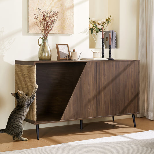 Cat Furniture 2 IN 1 Modern Walnut Cabinet Side Table With Spring-Loaded Door, Cat Litter Box Enclosure with Sisal Cat Scatcher - N843P254861W