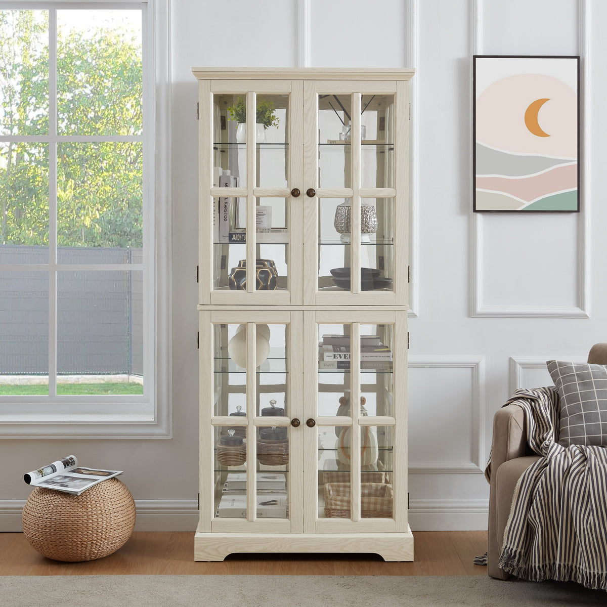 Curio Display Cabinet,Antique Display Cabinet with Glass Doors Adjustable Shelves for Collectibles Four Door Design Vint