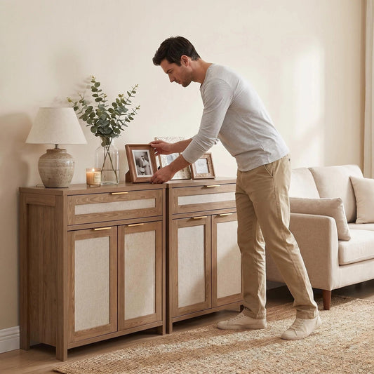 Rattan Sideboard Buffet — Natural Oak & Woven Cane