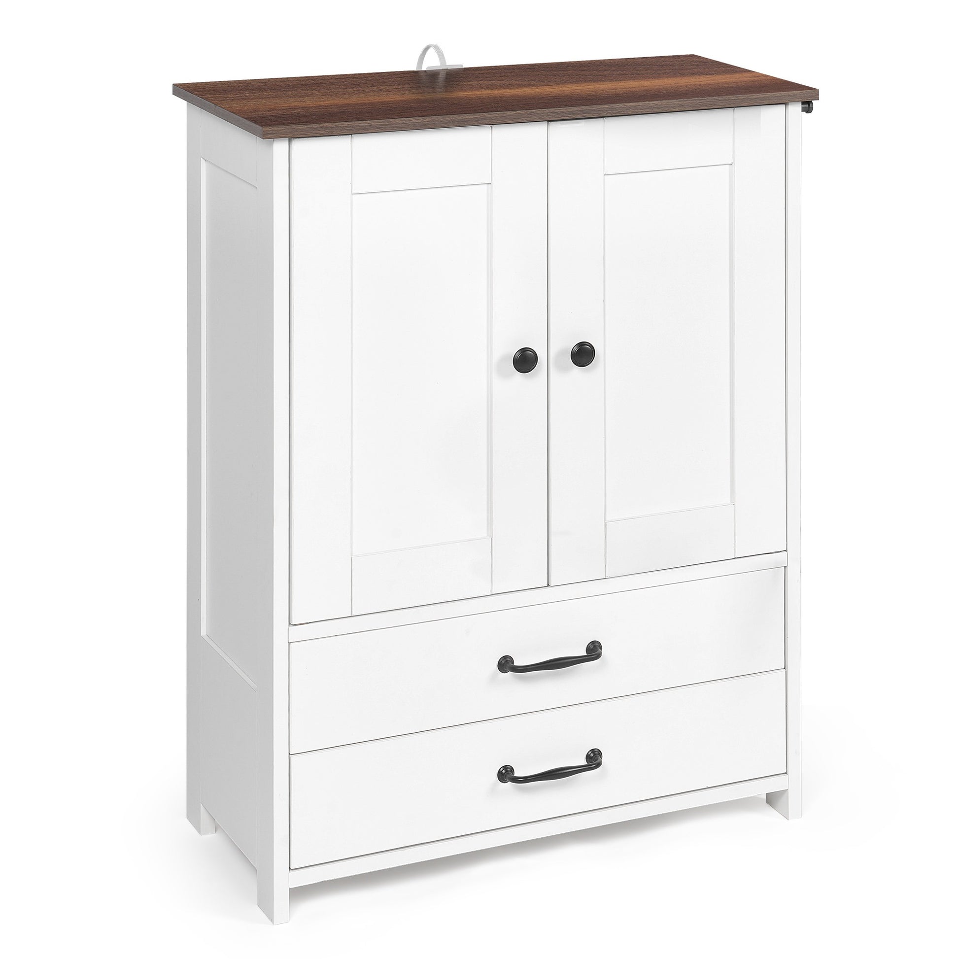 Dog feeding station, double door locker with 2 adjustable dog bowls, 3 hooks on right side, white