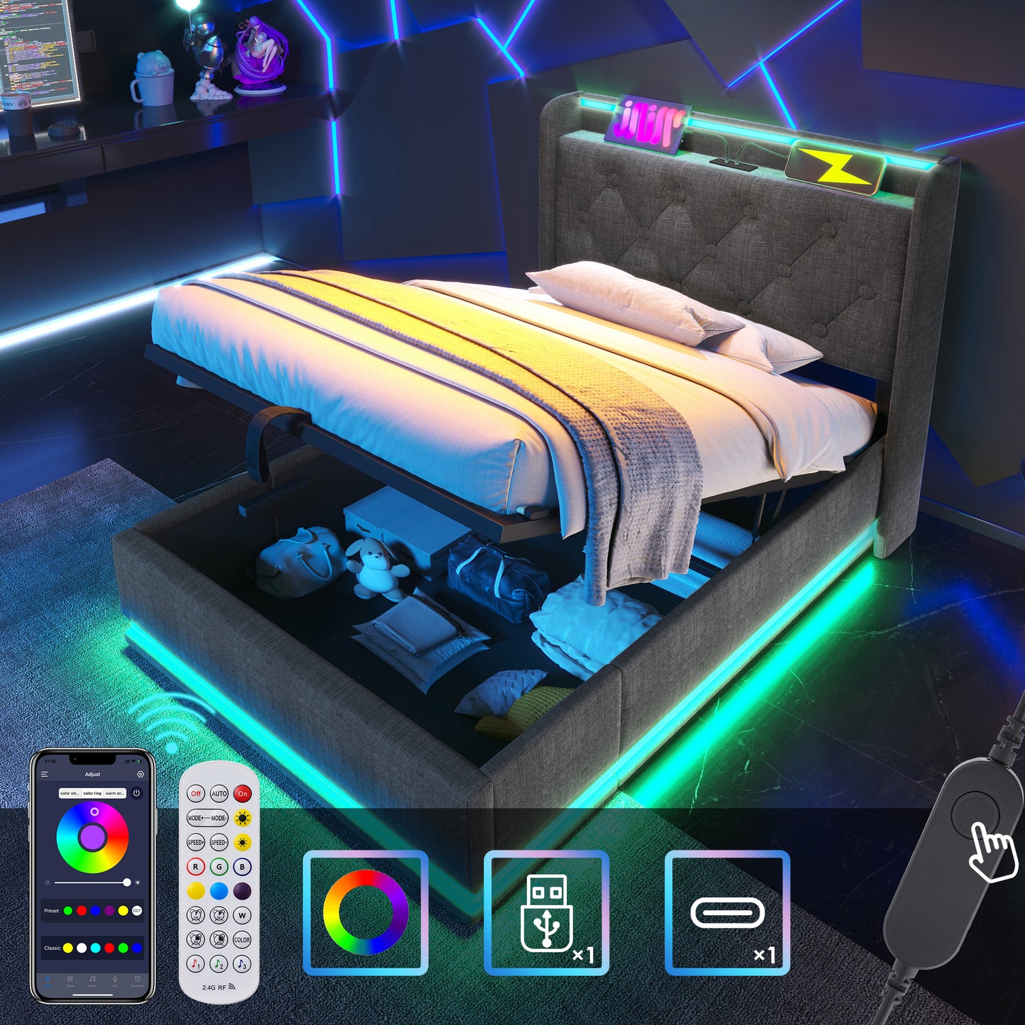 Twin size Upholstered bed, 360 surround LED function, Buttons/Apps/Remote Control, hydraulic storage bed with USB Type-C charging, Gray,Linen (Without mattress) - N736P188805G