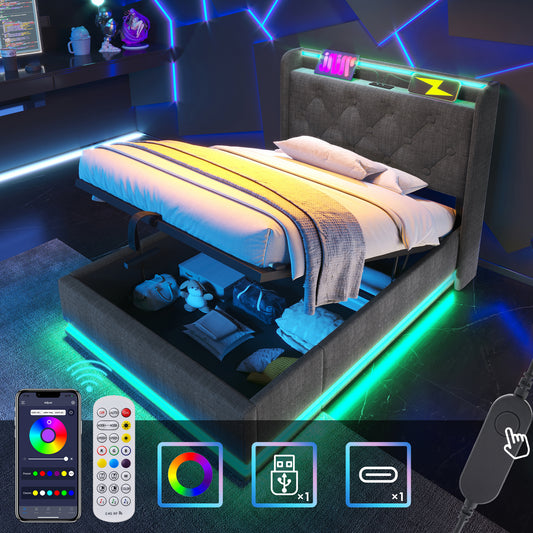 Twin size Upholstered bed, 360 surround LED function, Buttons/Apps/Remote Control, hydraulic storage bed with USB Type-C charging, Gray,Linen (Without mattress) - N736P188805G