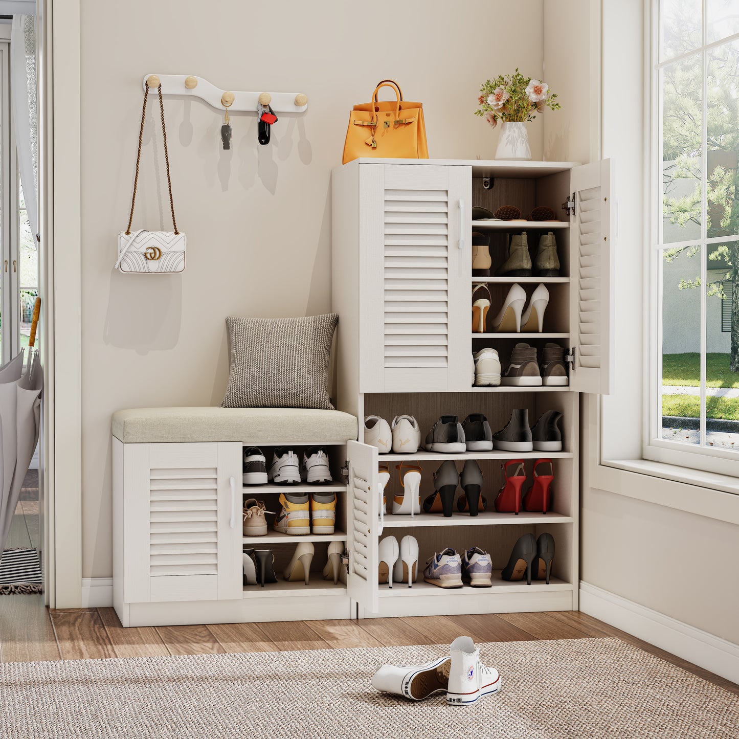 Multi functional Shoe Storage Cabinet with Bench & 7+3 Storage compartment, Adjustable layer board
, Shoe Bench with Cus