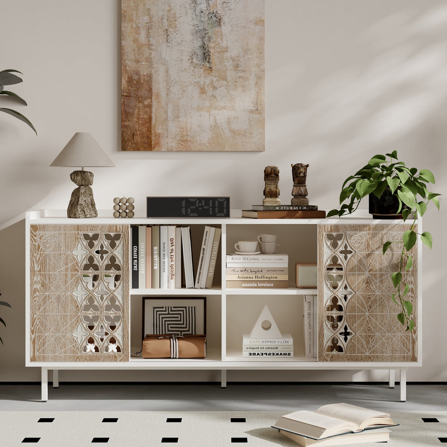 Sicotas Mid Century Sideboard Storage Rustic Sliding Door Solid Wood Cabinet for Living Room Decorative TV Buffet and Storage for TV Stand,Sideboards,Accent Cabinets - W2263P207531