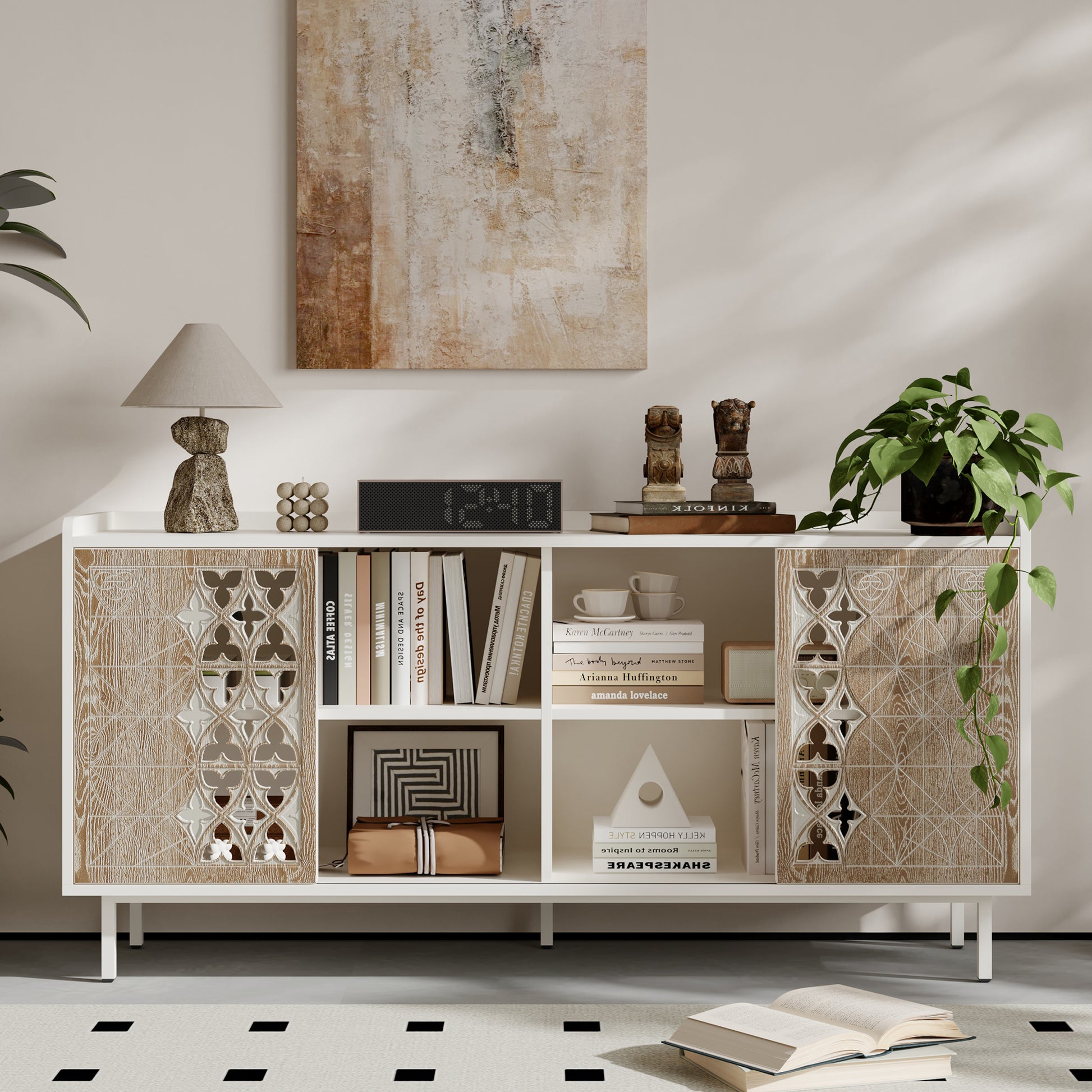 Sicotas Mid Century Sideboard Storage Rustic Sliding Door Solid Wood Cabinet for Living Room Decorative TV Buffet and Storage for TV Stand,Sideboards,Accent Cabinets - W2263P207531