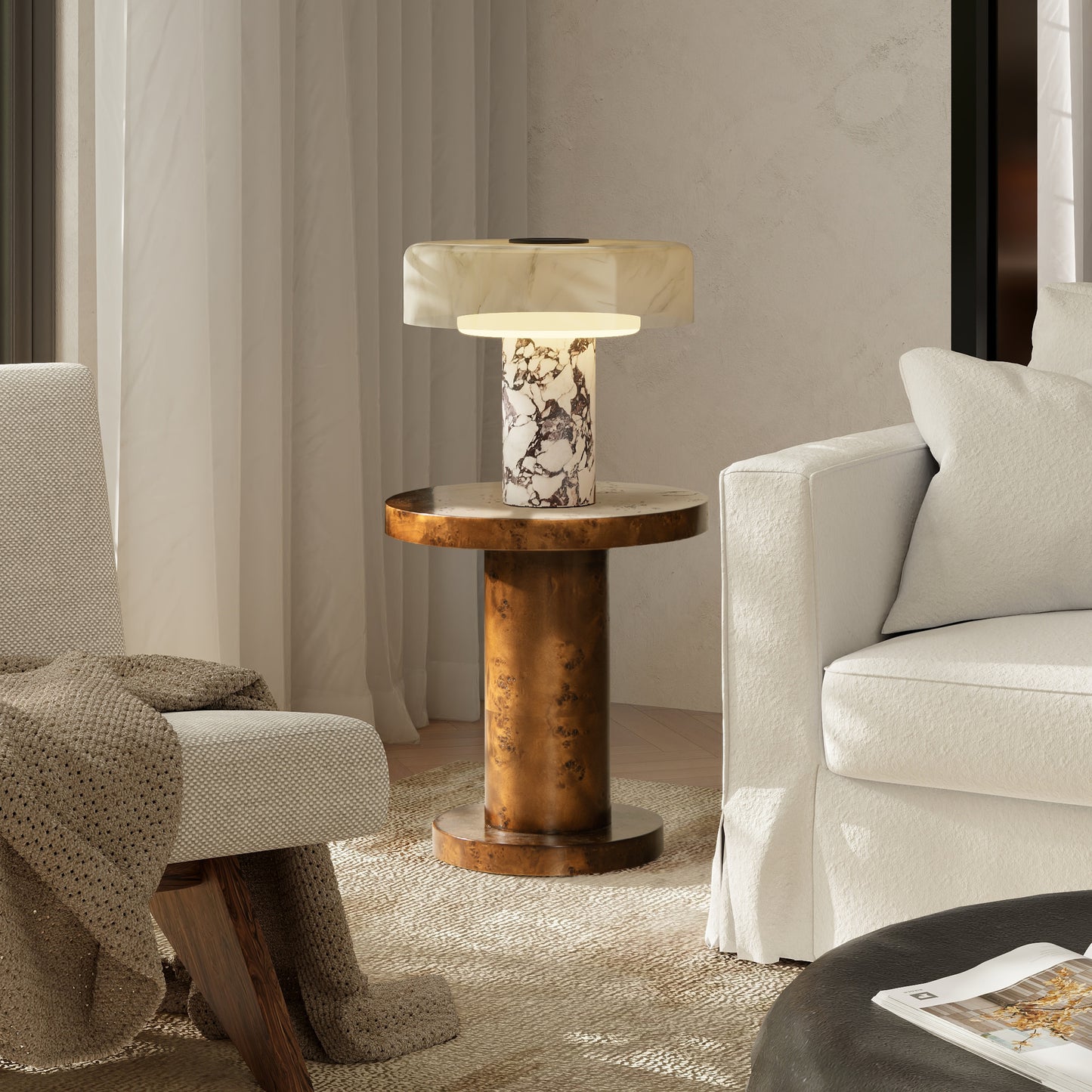 Bolin 18" Round Pillar Burl Accent Side Table, Walnut Brown Burl Wood - B2719P280166