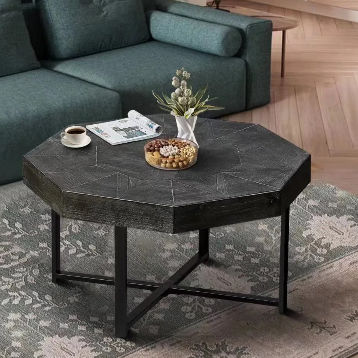 Wood Octagonal Vintage Patchwork Craft Farmhouse 30 Inch Wooden Table Top  Cross Metal Legs Coffee Table for Living Room