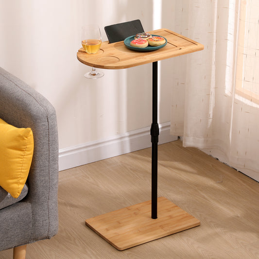 Couch Tray Table Bamboo Height Adjustable Side Table for Sofa C-shaped Oval End Tables with Slots for Bed & Chairs in Living Room & Bedroom (Oval + Rectangle) - W1757P179662