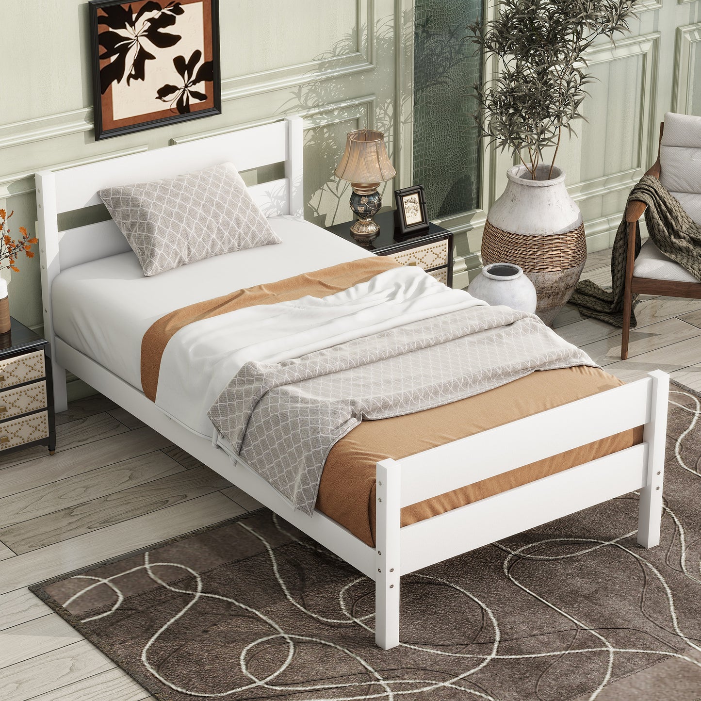 Twin Bed with Headboard and Footboard,Rubber Wood Bed,White - W504P262990