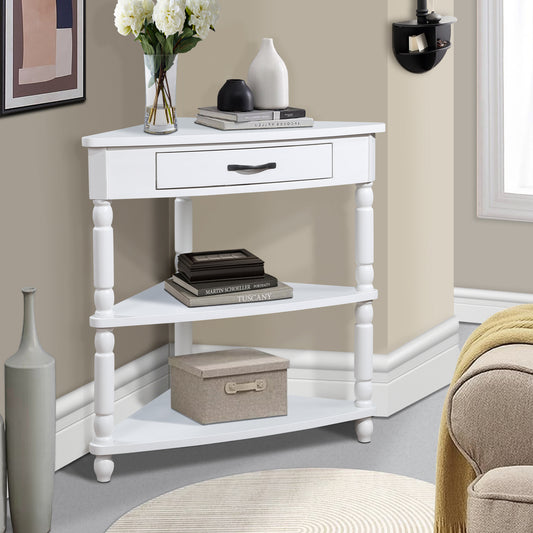 33.8'' Small Triangle Corner Table, Wood Corner Side Table for Small Spaces/ Living Room, 3 Tier End Corner Table with Solid Wood Legs, Milk White - W1202P155410