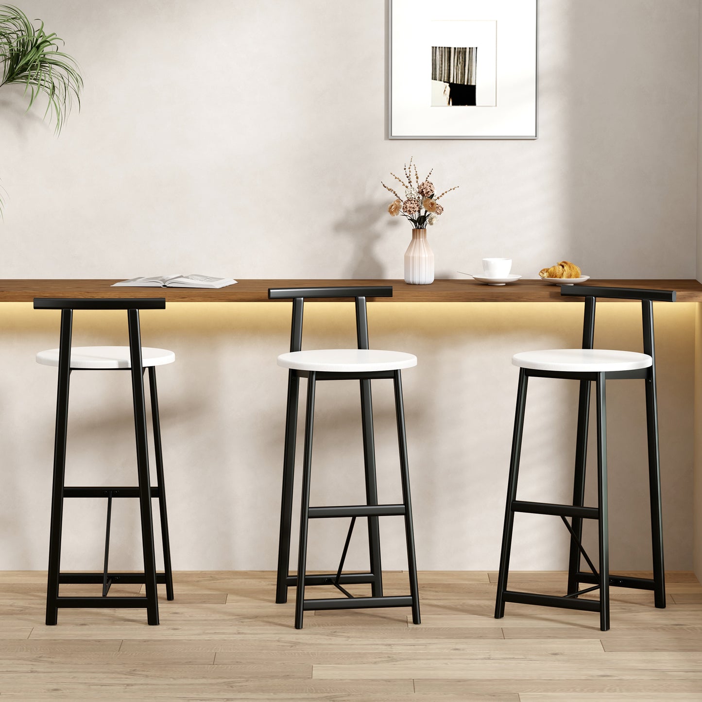 Bar Stools Kitchen Island Bar Chairs Set of 3 Metal Counter Barstools with Backrest for Dining Pub Room (Black & White) - W1757P265183