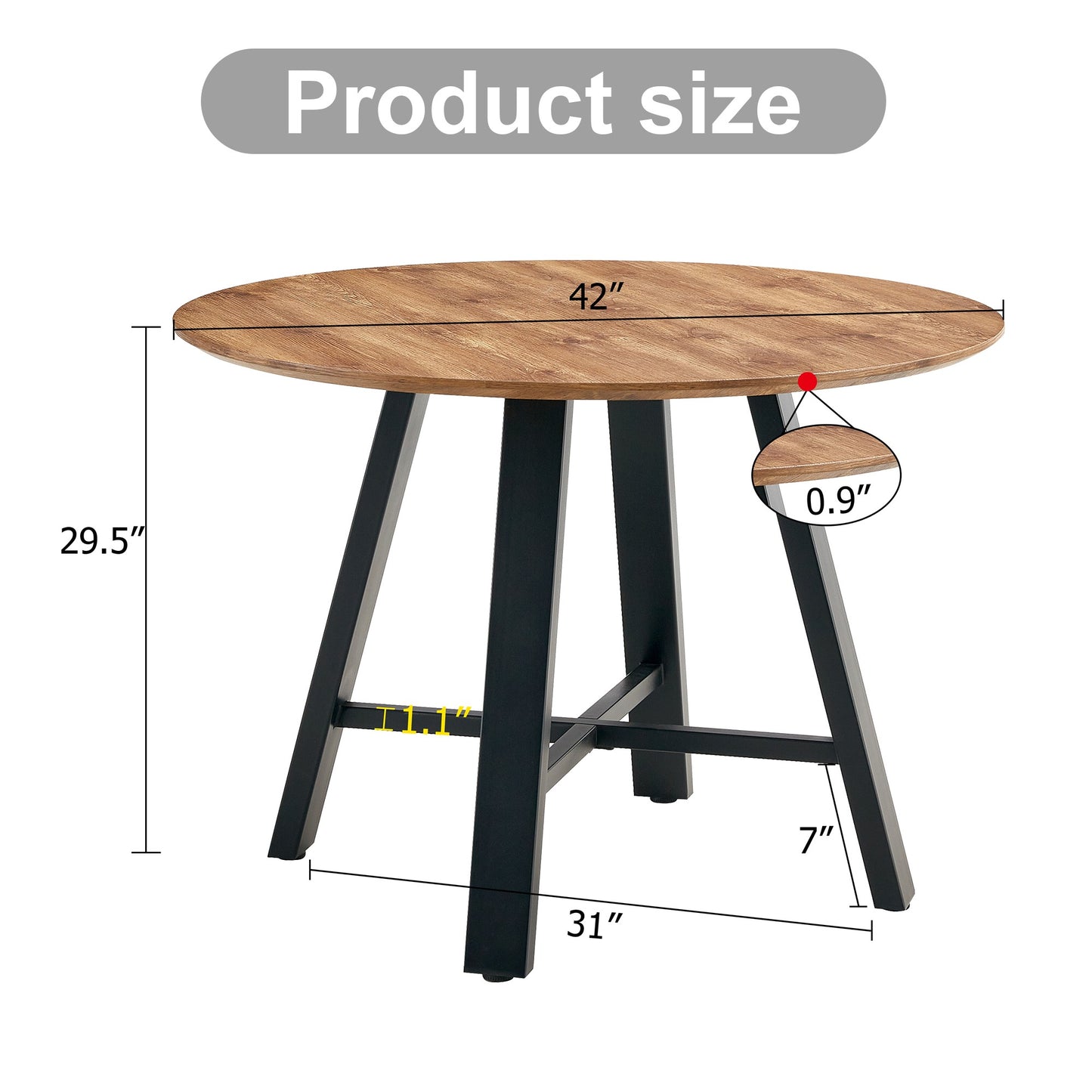 A modern and minimalist circular wooden dining table , coffee table. 42 inch diameter wood color MDF desktop, black meta