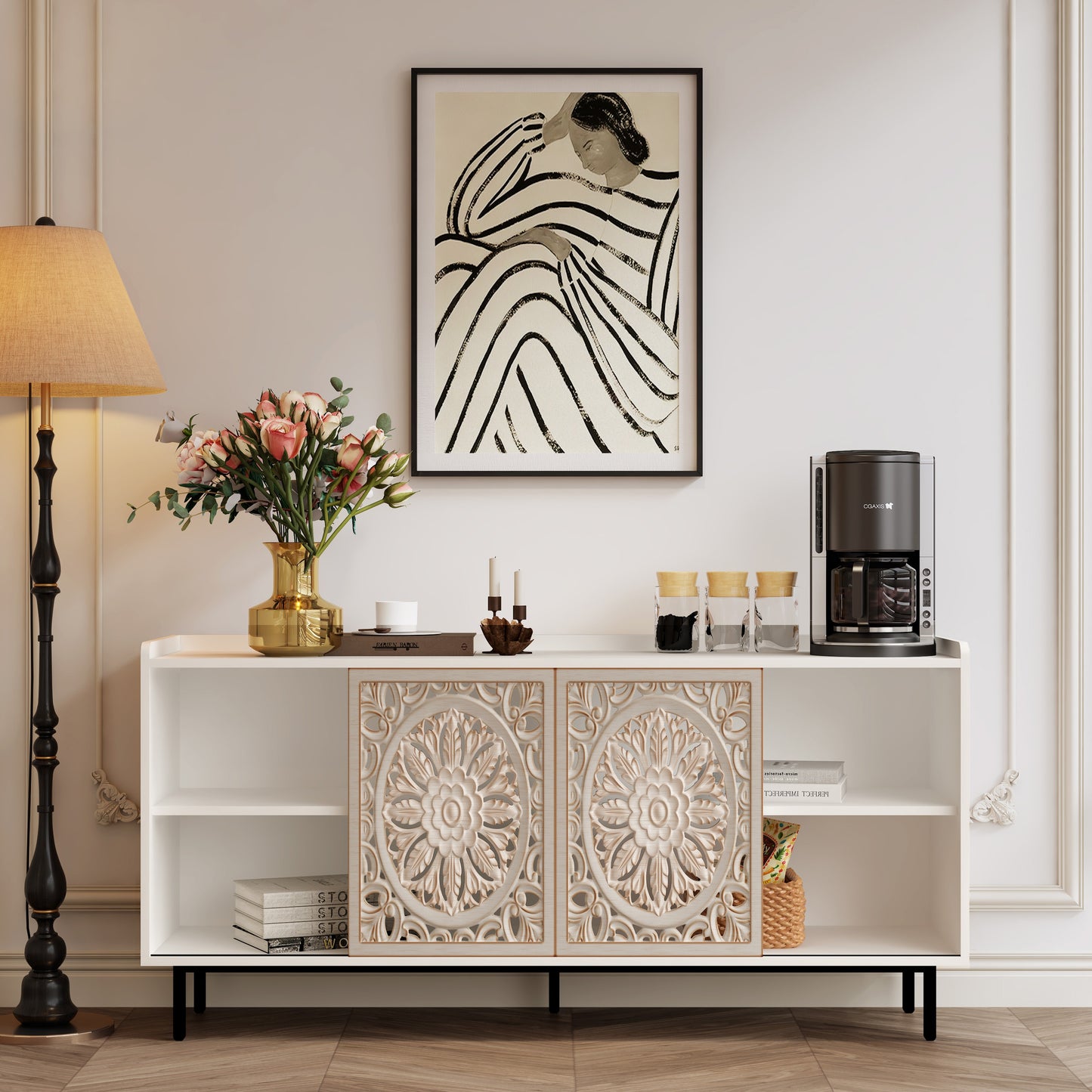 Living Room Furniture Mid Century Modern Tv Stand Kitchen Storage White Curio Buffet Cabinet suitable for TV cabinets,ta