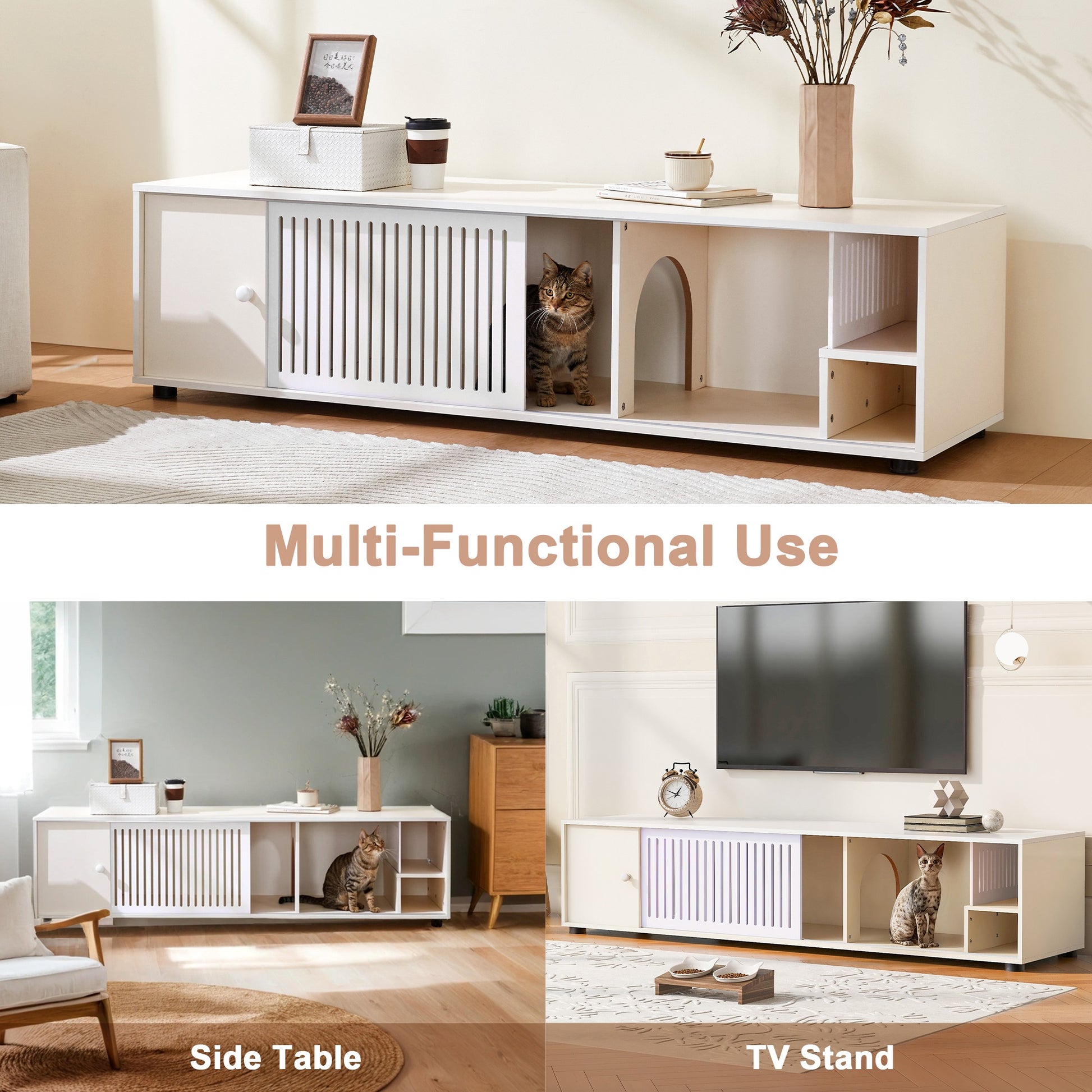 Modern Cream White TV Stand with Storage, Cat Litter Box Enclosure with Removable Sliding Door